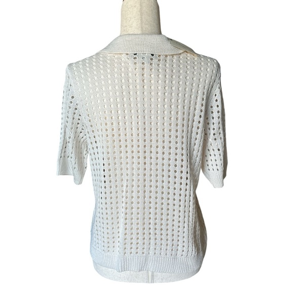 NWT Cream Crochet Knit Mesh Button-Up Short Sleeve Sweater Cardigan Size L - Picture 2 of 9